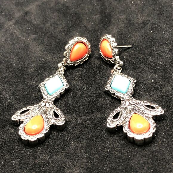Silver Tone Southwestern Style Dangle Pierced Earrings Coral Turquoise Colored - Picture 1 of 3